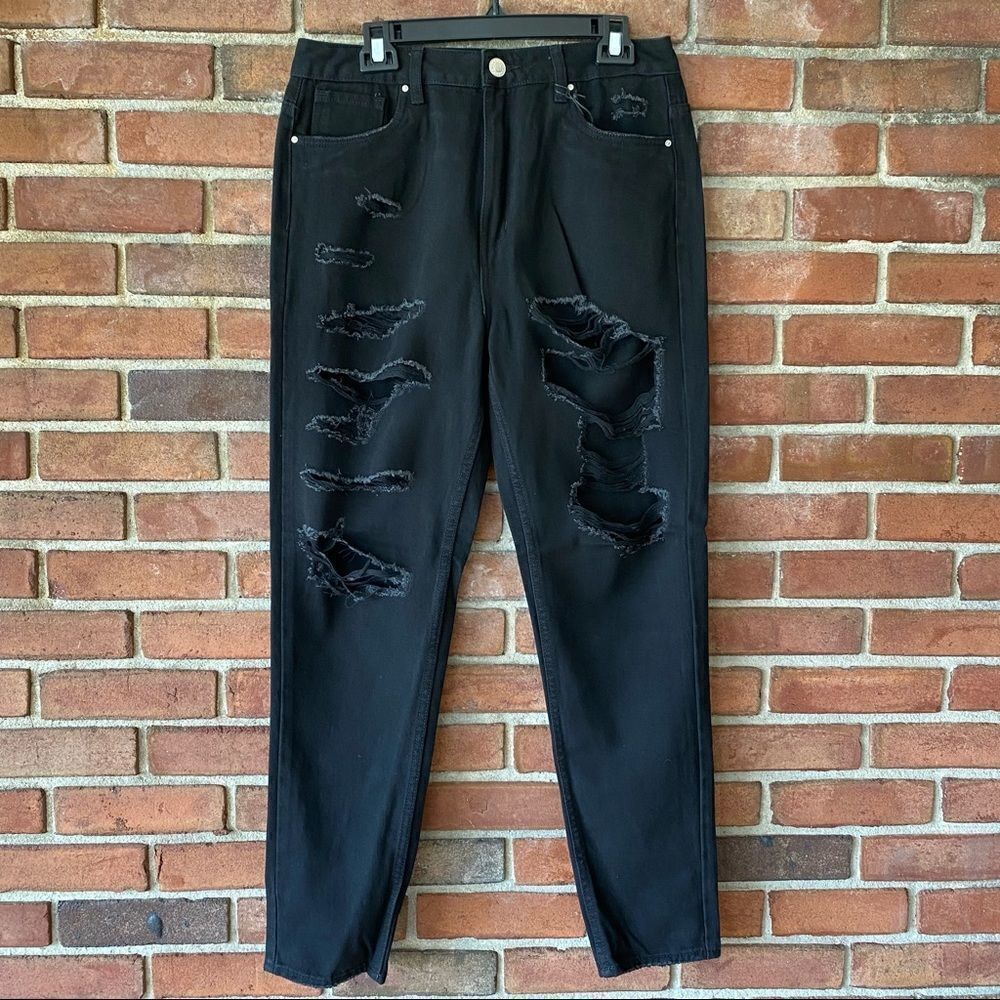 Refuge Denim Classic High Rise Mom Jean - Distressed Black - Size 9